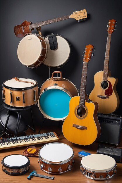 A group of musical instruments including a guitar drum keyboard tambourine