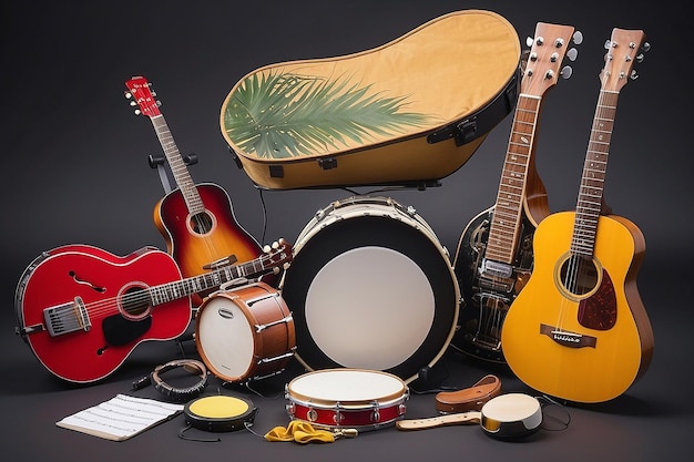 A group of musical instruments including a guitar drum keyboard tambourine