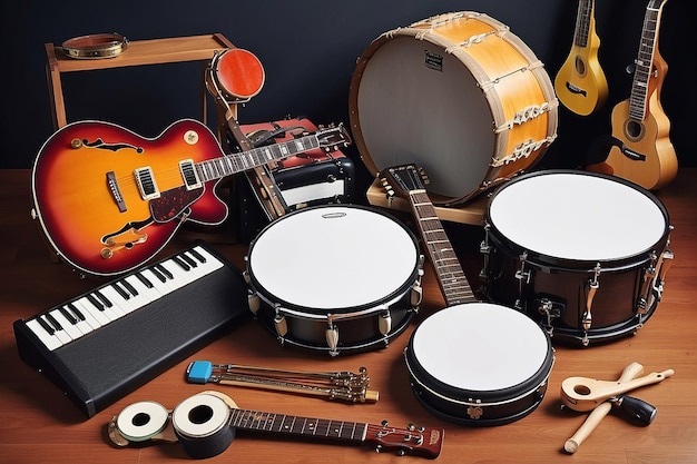 A group of musical instruments including a guitar drum keyboard tambourine