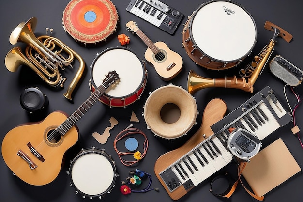 A group of musical instruments including a guitar drum keyboard tambourine