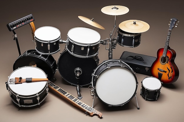 a group of musical instruments including a guitar drum keyboard tambourine