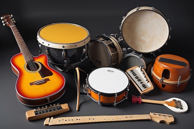 a group of musical instruments including a guitar drum keyboard tambourine