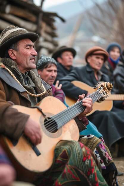 a group of musicians playing traditional Romanian music in a village