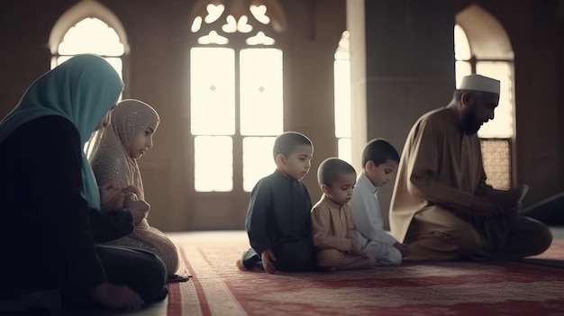 Group muslim family praying in mosque to god islamic traditional arabic religion Header banner