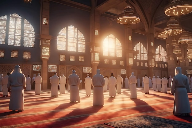 Group of muslim people praying inside the mosque at night Ramadan Kareem