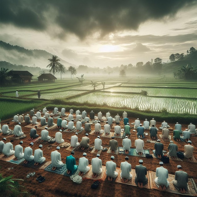 A group of muslims praying Eid fitr rural scenery cinematic