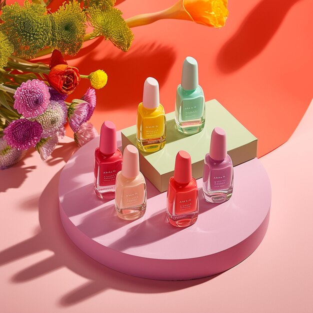 Photo a group of nail polish bottles on a pink table