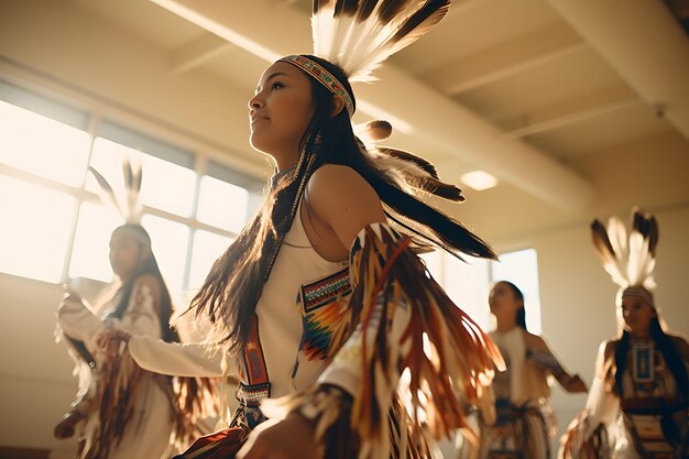 Group of Native American dancers performing a traditional dance