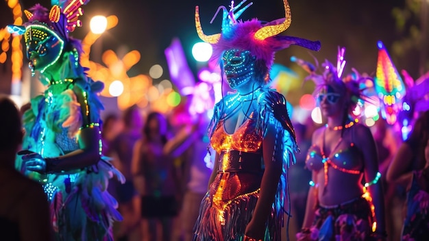 A group of neon stilt walkers dressed as whimsical creatures delight the crowd with their playful