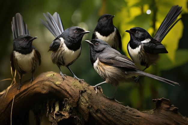 Group of New Zealand Fantail Birds in the wild