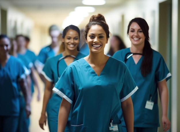 Foto un gruppo di infermieri e dipendenti medici che camminano lungo il corridoio