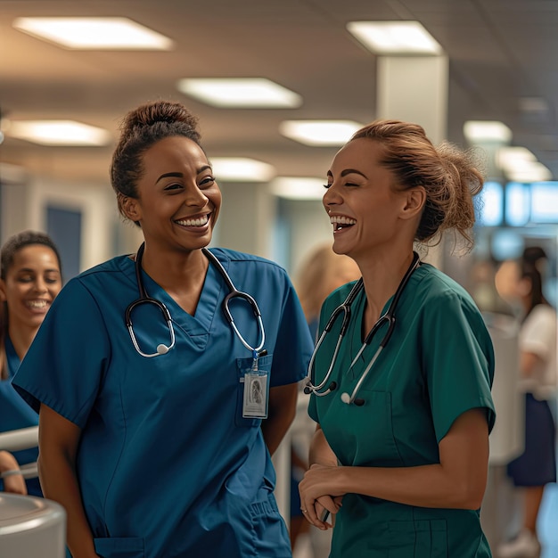 Group of nurses smiling as they move down a hospital corridor