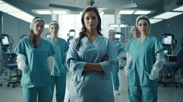 한 무리의 간호사들이 스크럽과 파란색 유니폼을 입고 줄을 서 있습니다.