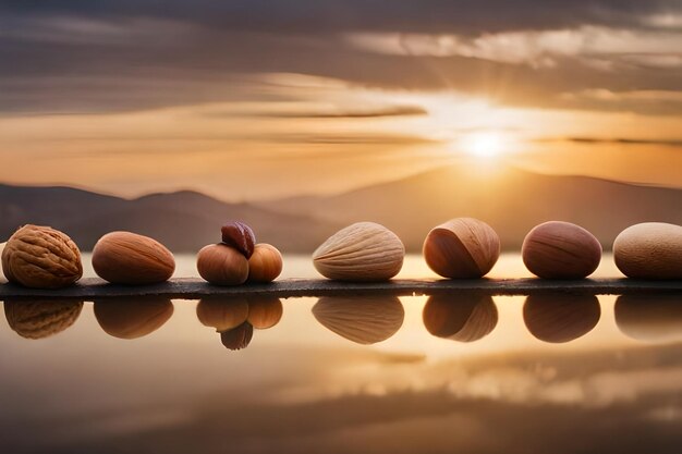 Foto un gruppo di noci si siede su una roccia e guarda il tramonto.