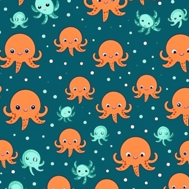 A group of octopuses and jellyfishs on a blue background generative ai