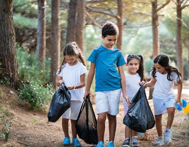 写真 12歳の男の子と女の子のグループが山で捨てられたゴミを集めています
