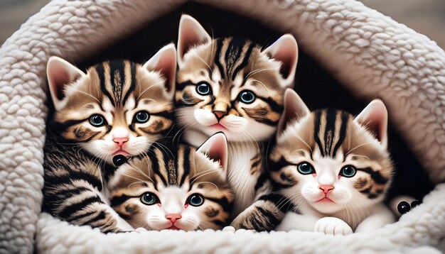 Фото Группа очаровательных котят, спрятавшихся в уютном форте из одеял