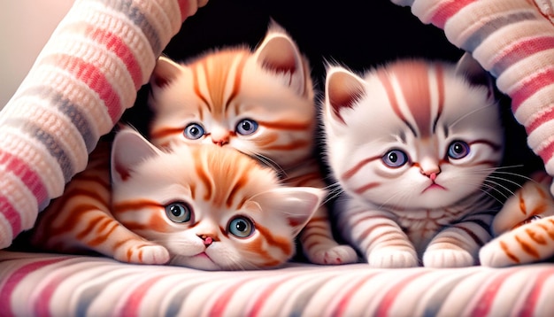 写真 居心地の良い毛布の中で寄り添う愛らしい子猫のグループ