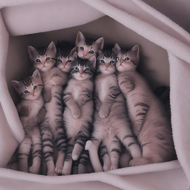 写真 居心地の良い毛布の砦で寄り添う愛らしい子猫のグループ