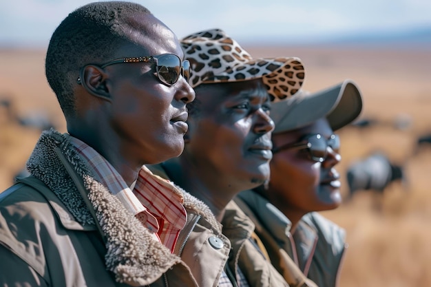 写真 アフリカ の サファリ ガイド たち の グループ が 澄んだ 青い 空 の 下 で 広大 な 平原 で 野生 動物 を 観察 し て いる