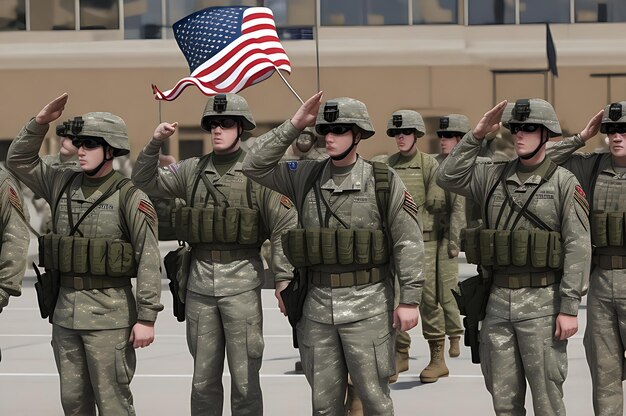 Фото Группа солдат, приветствующих американский флаг.