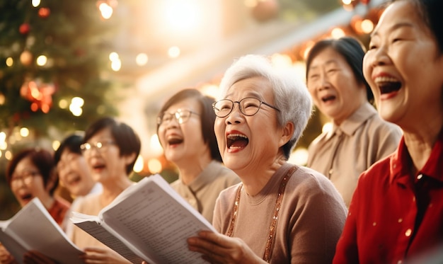 사진 아시아 장로 들 의 그룹 이 교회 에서 크리스마스 모임 활동 에서 노래 를 부른다