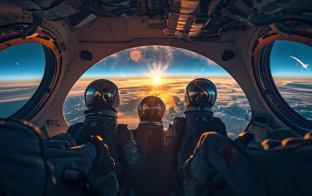 사진 우주선  안 의 우주비행사 들 의 그룹