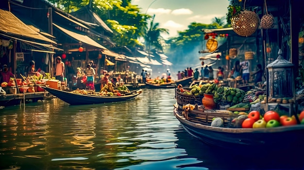 写真 果物や野菜でいっぱい満たされた川を下りて浮かぶボートのグループ 生成的なai
