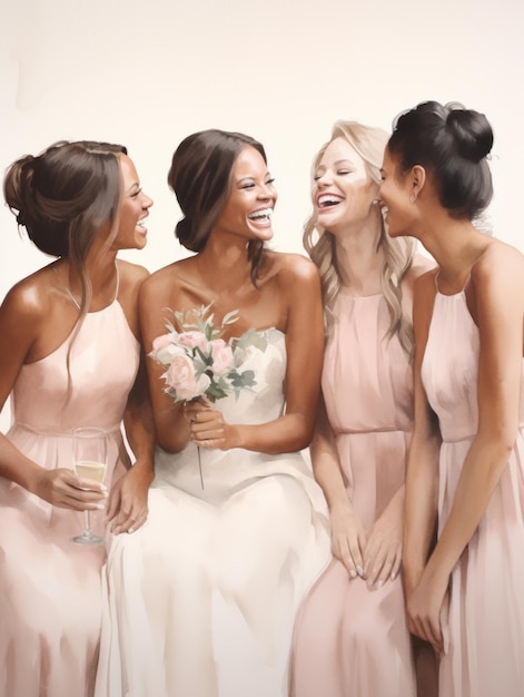 写真 シャンパンを飲み互いに微笑む花嫁のグループジェネレーティブai