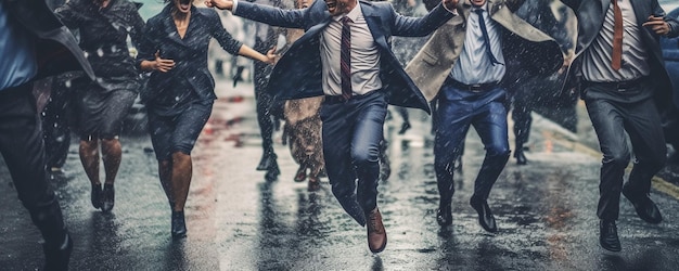 写真 雨の中を歩くビジネスマンたち ビジネスファイナンスと成功のコンセプト