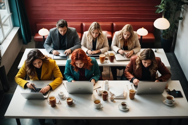 Фото Группа деловых людей, работающих вместе в кафе