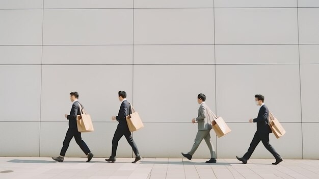 사진 사업가 그룹은 직장에서 급여를 위해 돈 한 봉지를 가져와 판매 개념을 위해 위원회