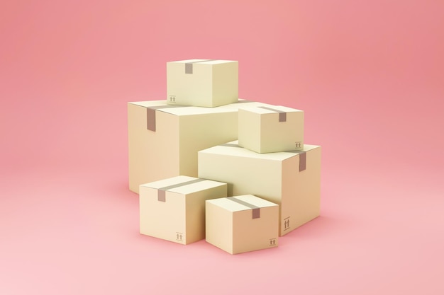 Фото Группа картонных грузовых коробок на розовом фоне студии