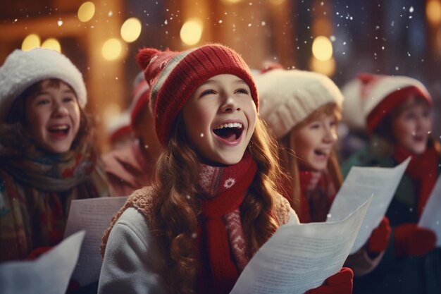 写真 雪に覆われた雪の上で祝祭歌を歌うキャロラーのグループ