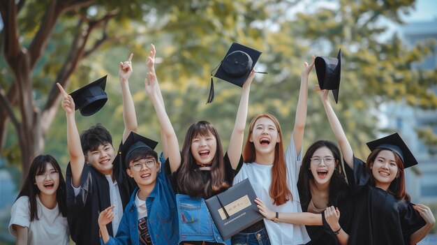 사진 기쁜 학생 들 의 그룹 이 졸업식 을 축하 하기 위해 졸업식 모자 를 공중 에 던지고 있다