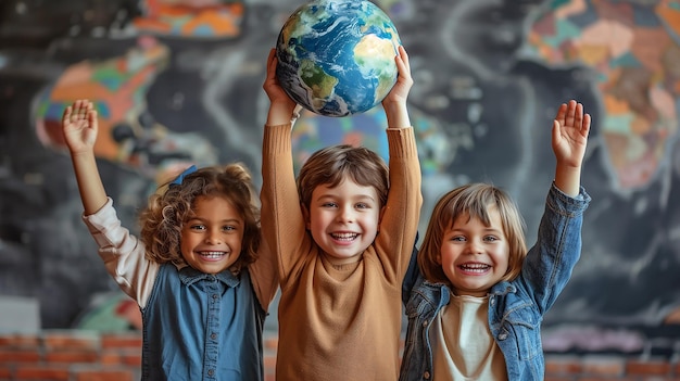 Фото Группа детей, поднимающих землю для гренландии и дня земли, глобальная окружающая среда, климат