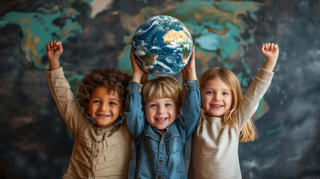 Фото Группа детей, поднимающих землю для гренландии и дня земли, глобальная окружающая среда, климат