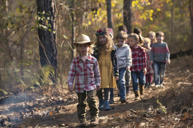 写真 消防防止について学ぶための教育的な森林散歩に参加する子供たちのグループ