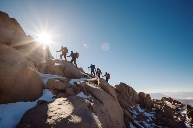 写真 登山者のグループは,山でアクティブなエクストリームスポーツのコンセプトで太陽の光の下に