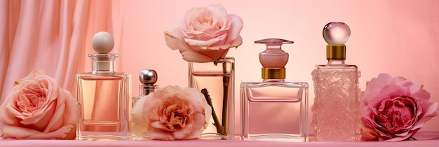 写真 ピンクの花の背景にさまざまな香水瓶とサンプラーのグループ 香水コレクション genaretive ai