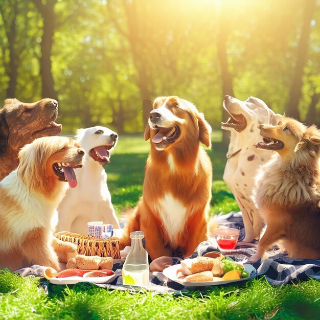 写真 太陽 の 中 で クリスマス パーティー を 祝う 犬 たち の グループ