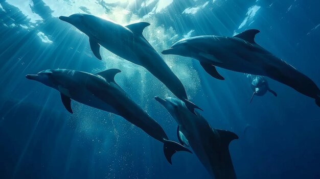 写真 海で泳ぐイルカの群れ