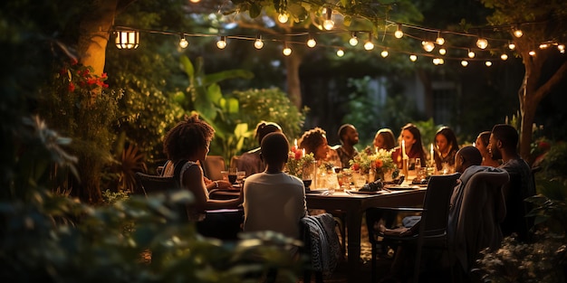 사진 여름 저녁 에 식당 에서 함께 저녁 을 먹는 친구 들 의 그룹
