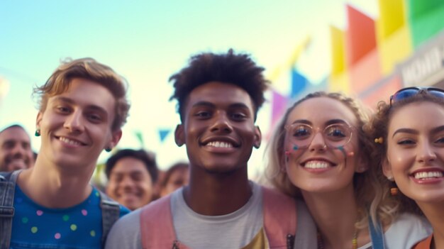 Foto gruppo di amici che partecipano a una festa di orgoglio gay.