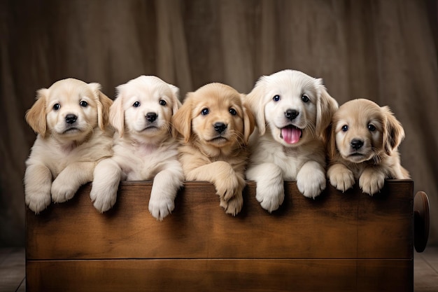 写真 木箱に入ったゴールデンレトリバーの子犬のグループ スタジオ撮影 aiが生成した愛らしい子犬のグループポートレート