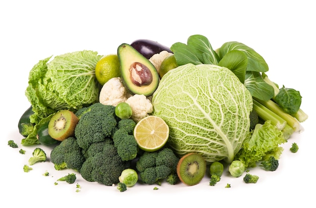 흰색에 녹색 야채와 과일의 그룹