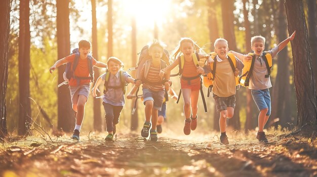 Foto group of happy joyful school kids with backpacks running with outstretched arms in f generative ai