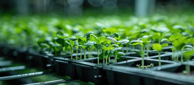 写真 室内で実験室で栽培された大豆の植物のグループ