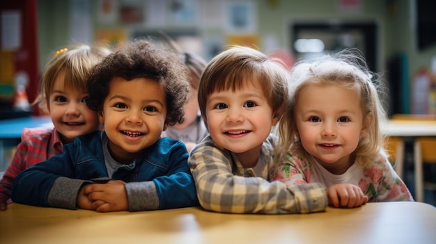 Фото Группа маленьких дошкольников сидит за столом на заднем плане класса