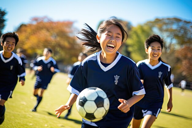 写真 中学校の韓国人生徒グループが晴れた日に外でサッカーを楽しみにしています